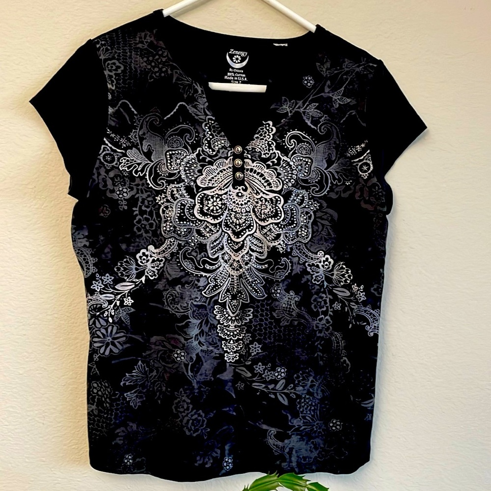 Chico’s Zenergy black bejeweled, cotton, short sleeved t-shirt, size 12
